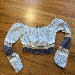 Derek Heart Light Blue & Navy Striped Off-Shoulder Crop Top